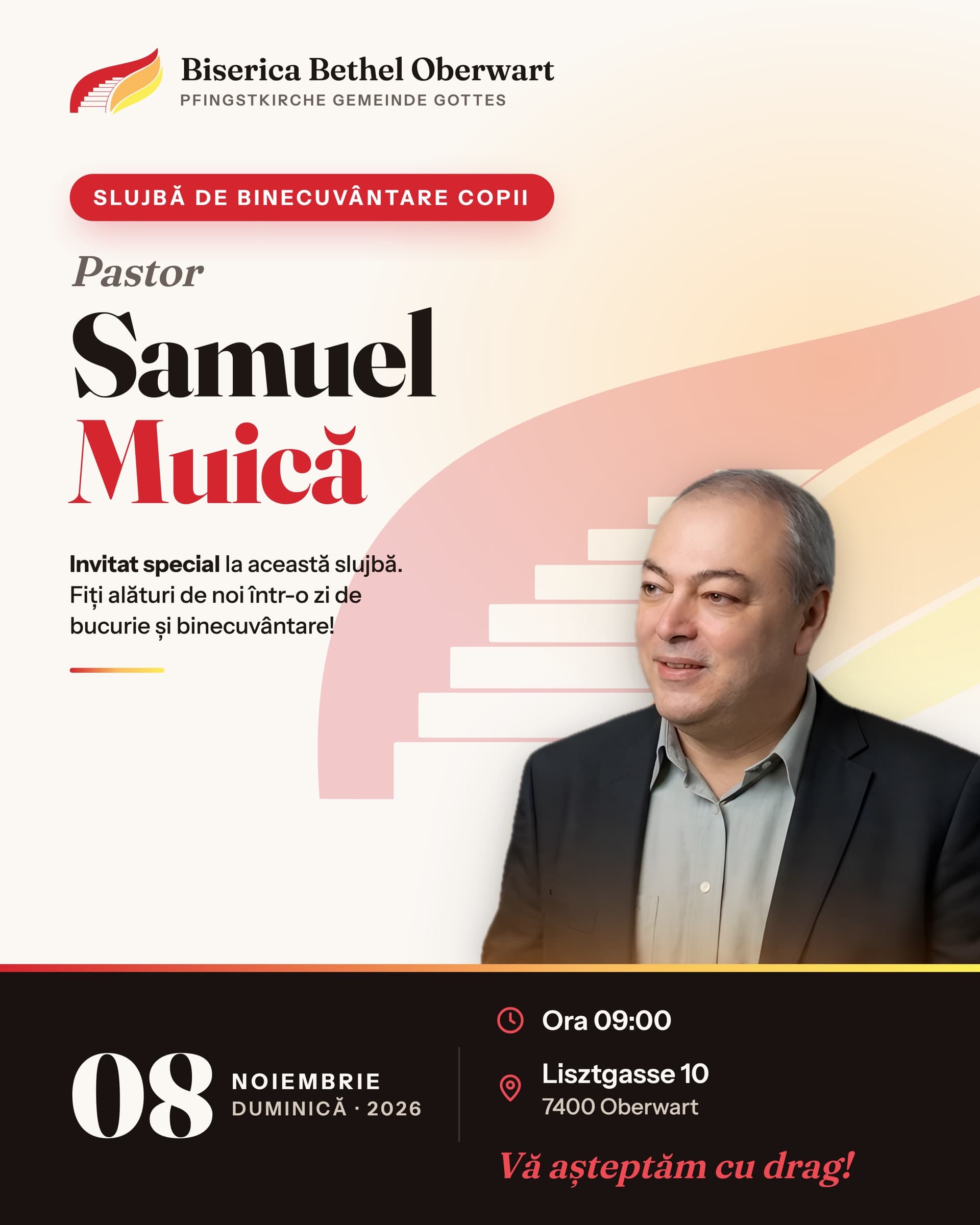Afiș: slujbă de binecuvântare a copiilor cu pastorul Samuel Muică, duminică, 8 noiembrie 2026, ora 09:00, Lisztgasse 10, 7400 Oberwart